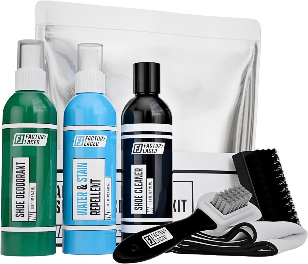 FACTORY LACED Shoe Cleaner Sneakers Kit - Sneaker Cleaning Kit Includes - 8 oz Sneaker Cleaner, Shoe Deodorizer, Stain and Water Repellent Spray- Safe on Vinyl, Nubuck, Suede,  More