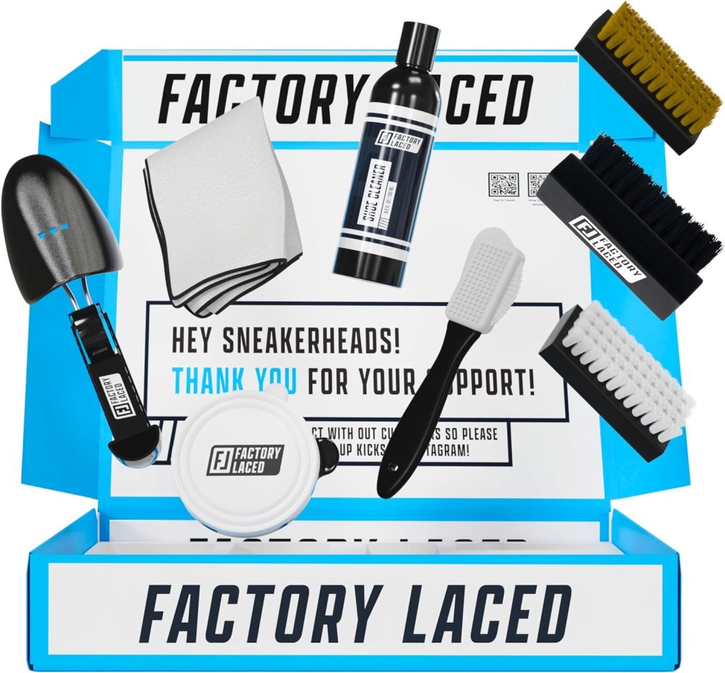 FACTORY LACED Shoe Cleaner Sneakers Kit - The Ultimate Sneaker Cleaner Experience: Shoe Cleaner Kit Includes: 8oz Sneaker Cleaning Solution, 4 Shoe Brushes, 2 Shoe Trees, Microfiber Towel