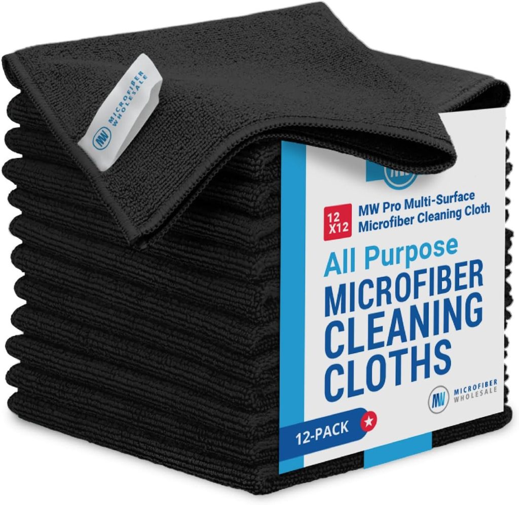 12 x 12 Pro Multi-Surface Microfiber Cleaning Cloths | Black - 12 Pack | Premium Microfiber Towels for Cleaning Glass, Kitchens, Bathrooms, Automotive, Supplies  Products