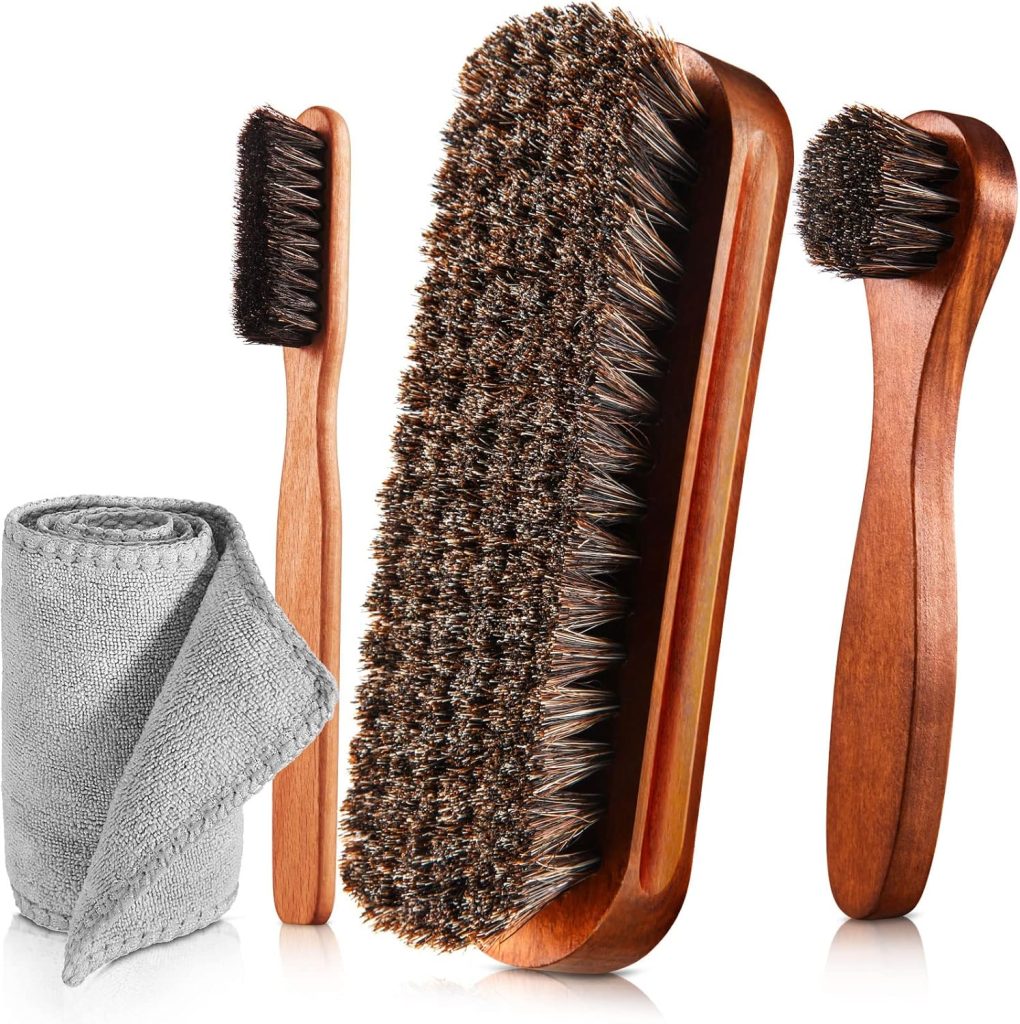 4 Pcs Horsehair Shine Shoes Brush Kit Polish Dauber Applicators Cleaning Leather Shoes Boots Care Brushes Suede Cleaner Brush with Microfiber Shoe Cloth(4 Pcs Style A)