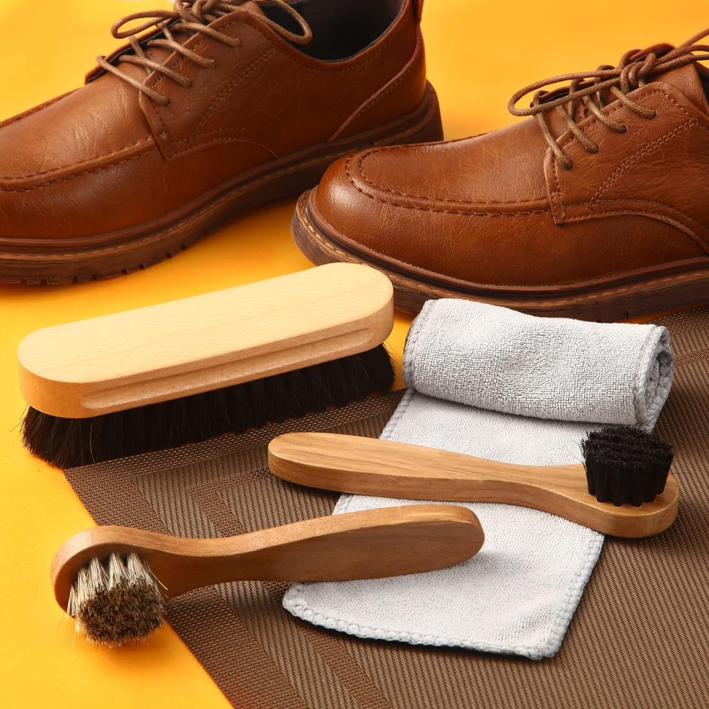 4 Pcs Horsehair Shine Shoes Brush Kit Polish Dauber Applicators Cleaning Leather Shoes Boots Care Brushes Suede Cleaner Brush with Microfiber Shoe Cloth(4 Pcs Style A)