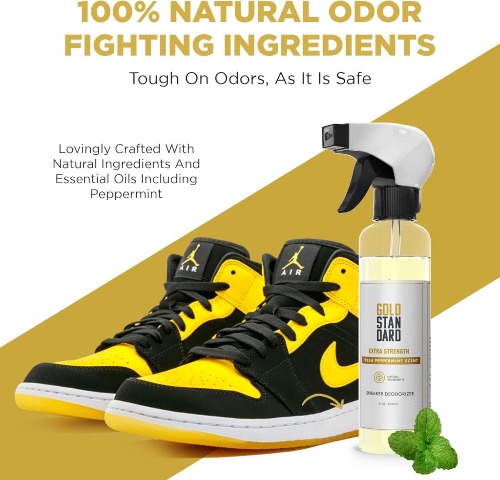 Gold Standard Natural Sneaker Deodorizer Spray - 6 Oz. Shoe Odor Spray - Shoe Smell Eliminator Provides Extra Strength  Long Lasting Fresh Peppermint - Shoe Deodorizer Spray