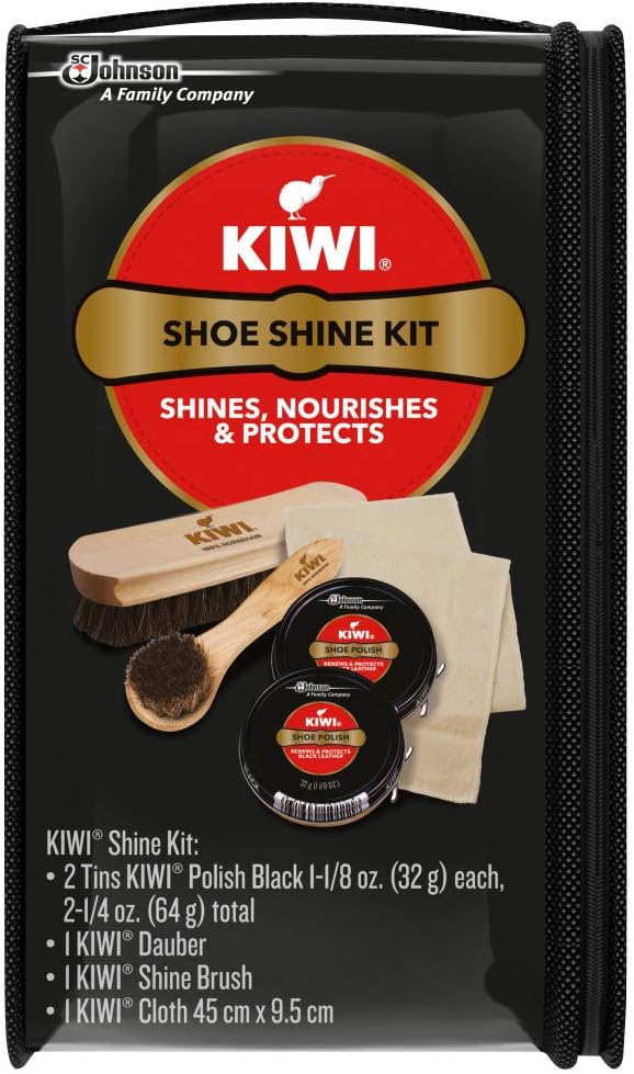 KIWI Shoe Shine Kit, Black - Gives Shoes Long-Lasting Shine and Protection (2 Tins, 1 Brush, 1 Dauber and 1 Cloth), 2.5 Ounce