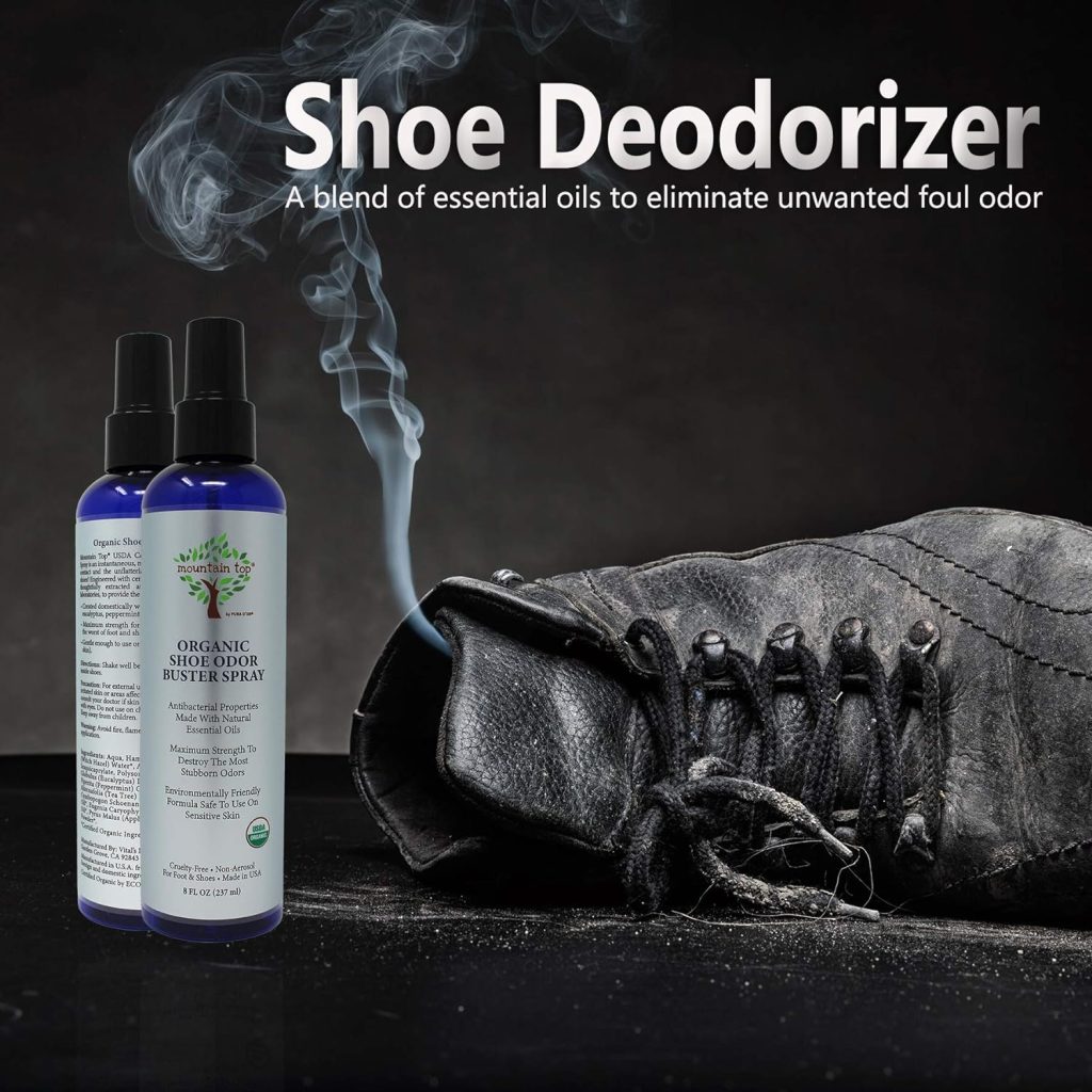 MOUNTAIN TOP Organic Shoe Odor Buster Spray (8oz) Maximum Strength Deodorizes Removes Bad Smells with Eucalyptus, Peppermint, Tea Tree Lemongrass Oils