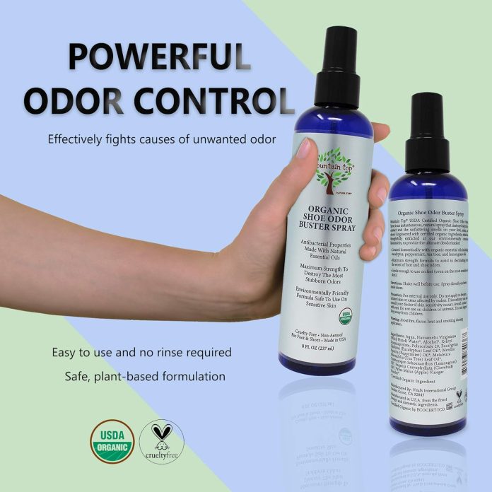 mountain top organic shoe odor buster spray 8oz maximum strength deodorizes removes bad smells with eucalyptus peppermin 3