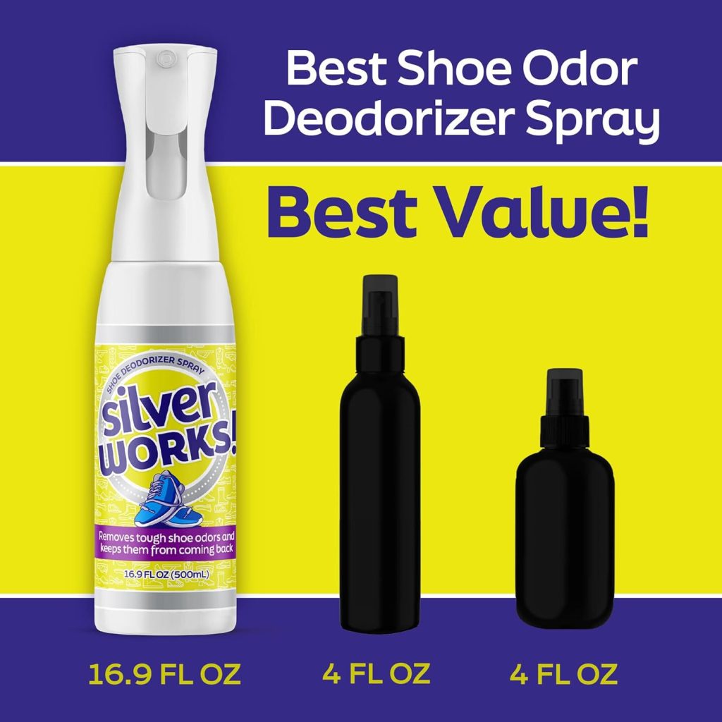 SilverWorks! Shoe Spray For Smelly Shoes - Max Shoe Odor Elimination Spray - Silver Ion Technology - Boot, Sneaker, Shoe Deodorizer Spray - Stinky Shoe Smell Eliminator, Shoe Freshener Spray -16.9oz
