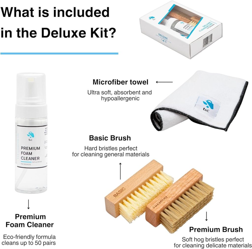 tc Deluxe Shoe Cleaning Kit - White Sneaker Cleaner Kit - Eco Friendly Shoe Cleaner Foam 5.07 Oz, 2 brushes and 1 microfiber towel - Safe on all materials - Clean up to 50 pairs
