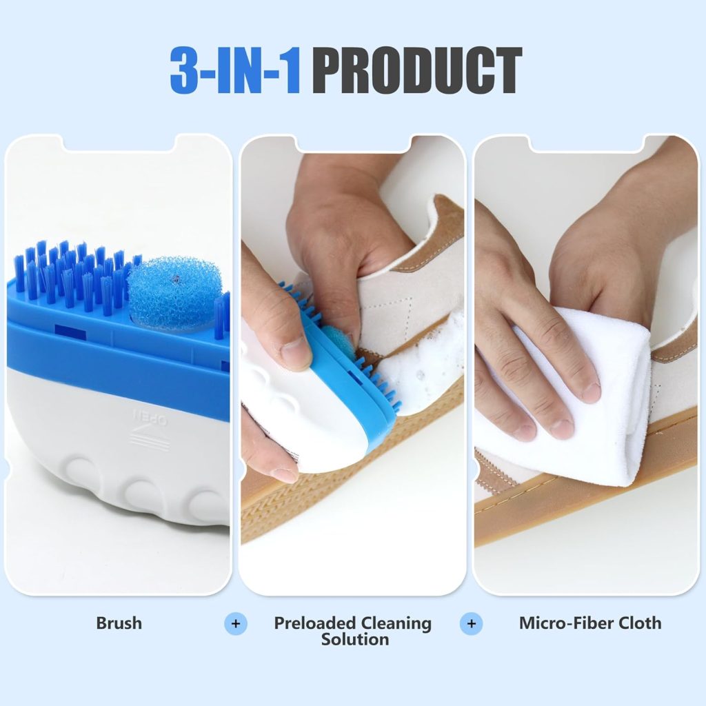 3-in-1 Shoe Cleaner Kit | Travel Size Foaming Shoe Cleaner | Nonscratch Shoe Brush Microfiber Cleaning Cloth | Safe on White Shoes, Sneakers, Cleats, Heels | Pack of 2