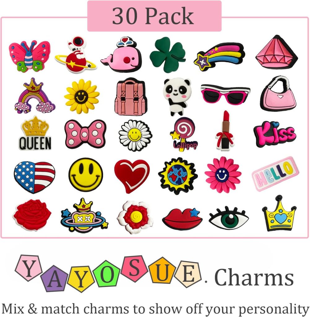 Shoe Charms for Women Boys Girls Kids Teens 30 Pcs Shoe Ornaments for Bubble Slides Funny Cartoon Cute Shoe Decoration Pins Accessories for Adults Men Birthday Gifts