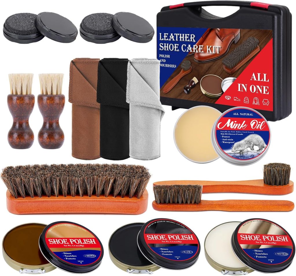 15pcs Shoe Shine Kit, Shoe Polish Kit, Leather Boot Care Kit, with Horsehair BrushWooden Applicator – Portable Travel Shoe Polish Kit for Brown/Black/Neutral Shoes