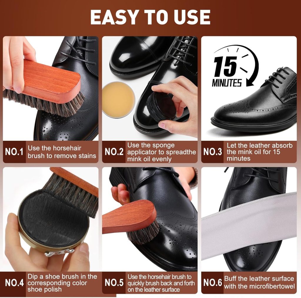 15pcs Shoe Shine Kit, Shoe Polish Kit, Leather Boot Care Kit, with Horsehair BrushWooden Applicator – Portable Travel Shoe Polish Kit for Brown/Black/Neutral Shoes
