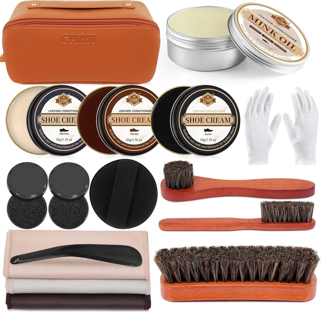 CHMI 16PCS Leather Shoe Polish Kit,Shoe Shine Kit with Black/Brown Shoe Polish,Shoe Bruhses for Leather Boot Care and Cleaning,Shoe Shine Gifts for Men CHMI 16PCS Leather Shoe Polish Kit,Shoe Shine Kit with Black/Brown Shoe Polish,Shoe Bruhses for Leather Boot Care and Cleaning,Shoe Shine Gifts for Men