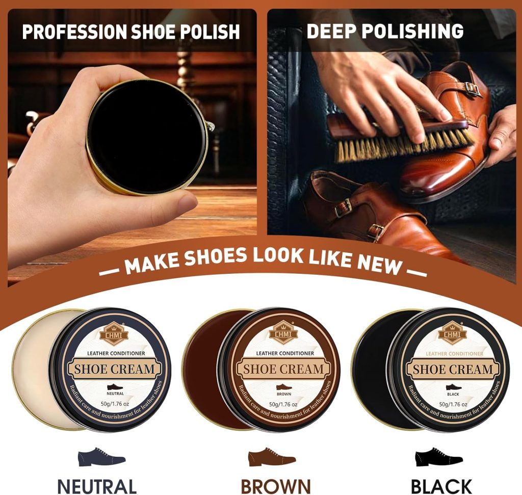 CHMI 16PCS Leather Shoe Polish Kit,Shoe Shine Kit with Black/Brown Shoe Polish,Shoe Bruhses for Leather Boot Care and Cleaning,Shoe Shine Gifts for Men CHMI 16PCS Leather Shoe Polish Kit,Shoe Shine Kit with Black/Brown Shoe Polish,Shoe Bruhses for Leather Boot Care and Cleaning,Shoe Shine Gifts for Men