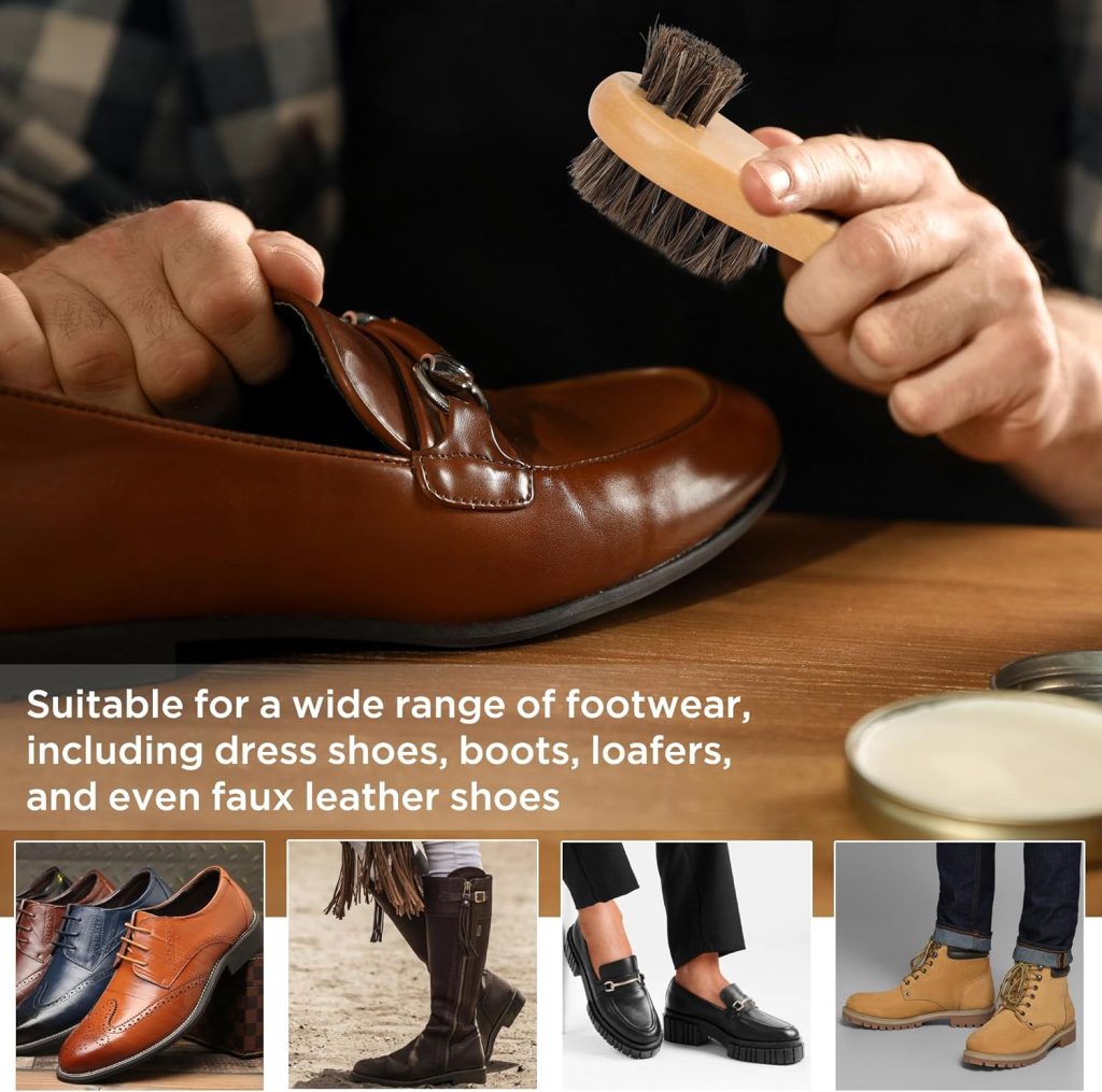 TAKAVU Shoe Shine Brushes Kit (4PCS) - 100% Soft Horsehair Bristles Brush, Polish Applicator, Crepe Suede Shoes Brush, Microfiber Buffing Cloth for Shoes, Leather, Boot, Cloth, Bag