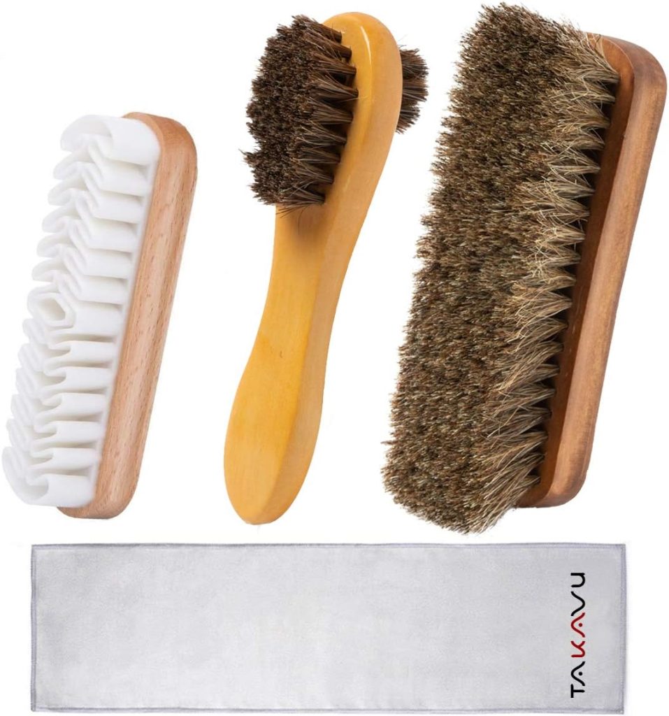 TAKAVU Shoe Shine Brushes Kit (4PCS) - 100% Soft Horsehair Bristles Brush, Polish Applicator, Crepe Suede Shoes Brush, Microfiber Buffing Cloth for Shoes, Leather, Boot, Cloth, Bag