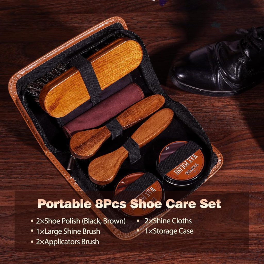 TOPUS Shoe Polish Kit Include 3 Pieces Horsehair Shoe Brushes in 6.7IN Handle, 1.4oz Black Brown Shoe Polish Shine Cloths TOPUS Shoe Polish Kit Include 3 Pieces Horsehair Shoe Brushes in 6.7IN Handle, 1.4oz Black Brown Shoe Polish Shine Cloths