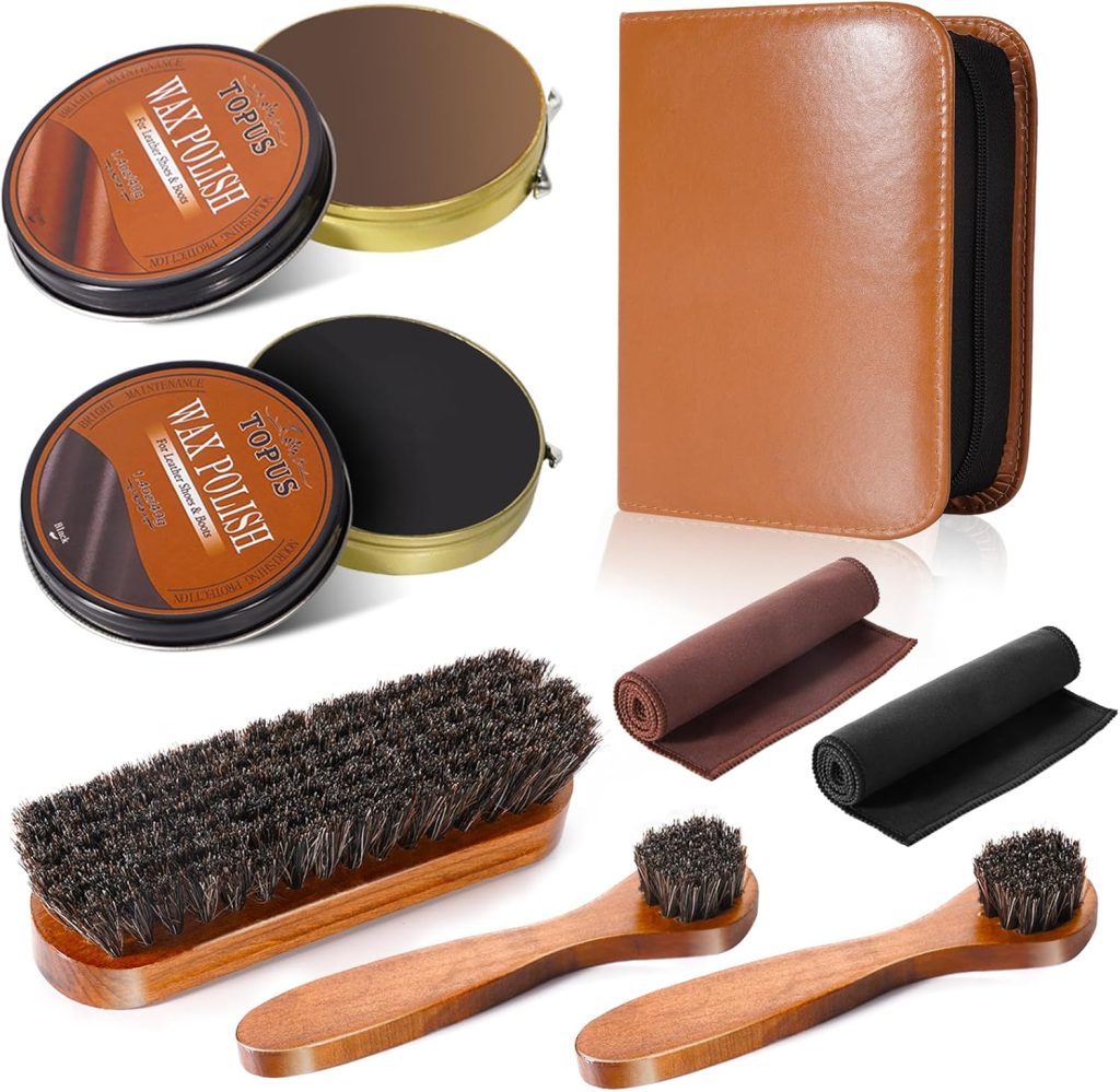 TOPUS Shoe Polish Kit Include 3 Pieces Horsehair Shoe Brushes in 6.7IN Handle, 1.4oz Black Brown Shoe Polish Shine Cloths TOPUS Shoe Polish Kit Include 3 Pieces Horsehair Shoe Brushes in 6.7IN Handle, 1.4oz Black Brown Shoe Polish Shine Cloths