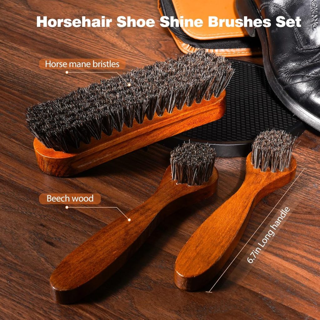 TOPUS Shoe Polish Kit Include 3 Pieces Horsehair Shoe Brushes in 6.7IN Handle, 1.4oz Black Brown Shoe Polish Shine Cloths TOPUS Shoe Polish Kit Include 3 Pieces Horsehair Shoe Brushes in 6.7IN Handle, 1.4oz Black Brown Shoe Polish Shine Cloths