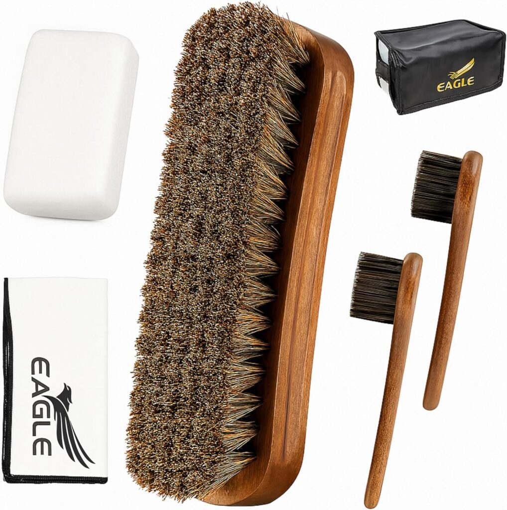 Eagle Shoe Shine Brush Kit 5-Piece Leather Care Set with Horsehair Brush, Daubers, Shine Sponge Polishing Cloth for Shoes, Boots, Bags Accessories Eagle Shoe Shine Brush Kit 5-Piece Leather Care Set with Horsehair Brush, Daubers, Shine Sponge Polishing Cloth for Shoes, Boots, Bags Accessories