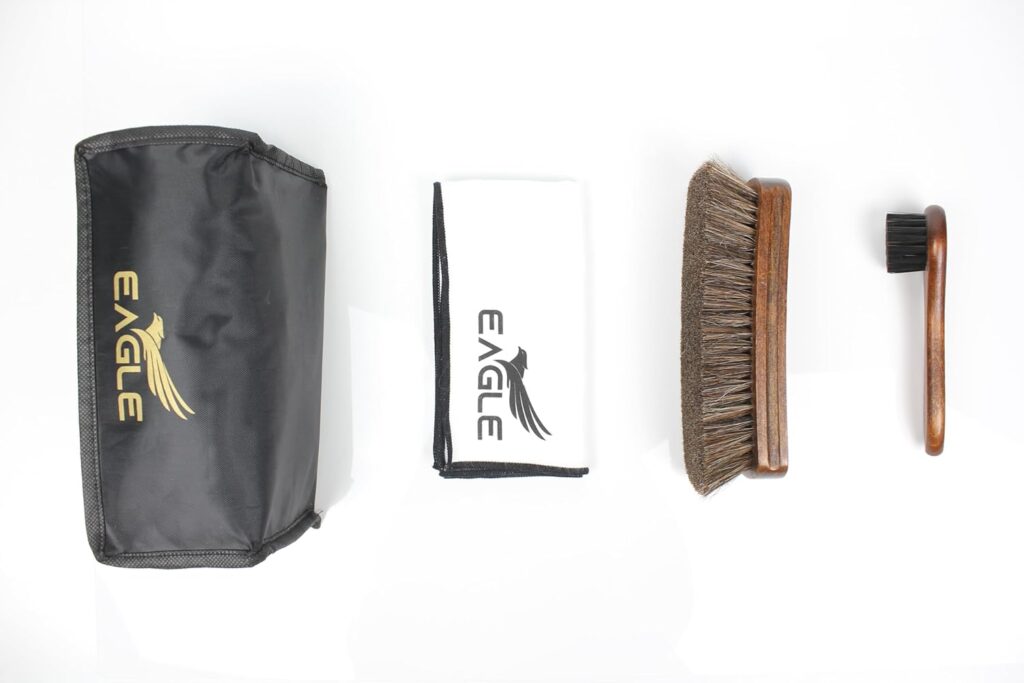 Eagle Shoe Shine Brush Kit 5-Piece Leather Care Set with Horsehair Brush, Daubers, Shine Sponge Polishing Cloth for Shoes, Boots, Bags Accessories Eagle Shoe Shine Brush Kit 5-Piece Leather Care Set with Horsehair Brush, Daubers, Shine Sponge Polishing Cloth for Shoes, Boots, Bags Accessories
