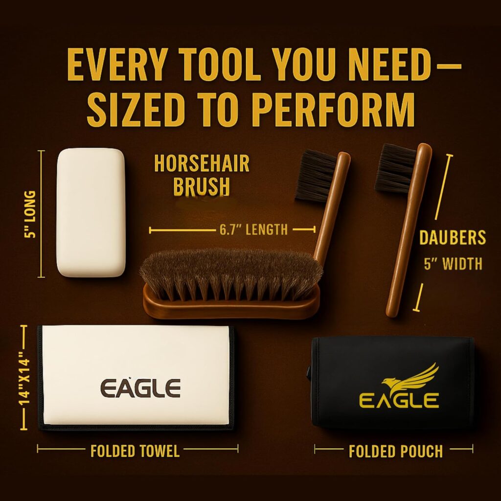 Eagle Shoe Shine Brush Kit 5-Piece Leather Care Set with Horsehair Brush, Daubers, Shine Sponge Polishing Cloth for Shoes, Boots, Bags Accessories Eagle Shoe Shine Brush Kit 5-Piece Leather Care Set with Horsehair Brush, Daubers, Shine Sponge Polishing Cloth for Shoes, Boots, Bags Accessories
