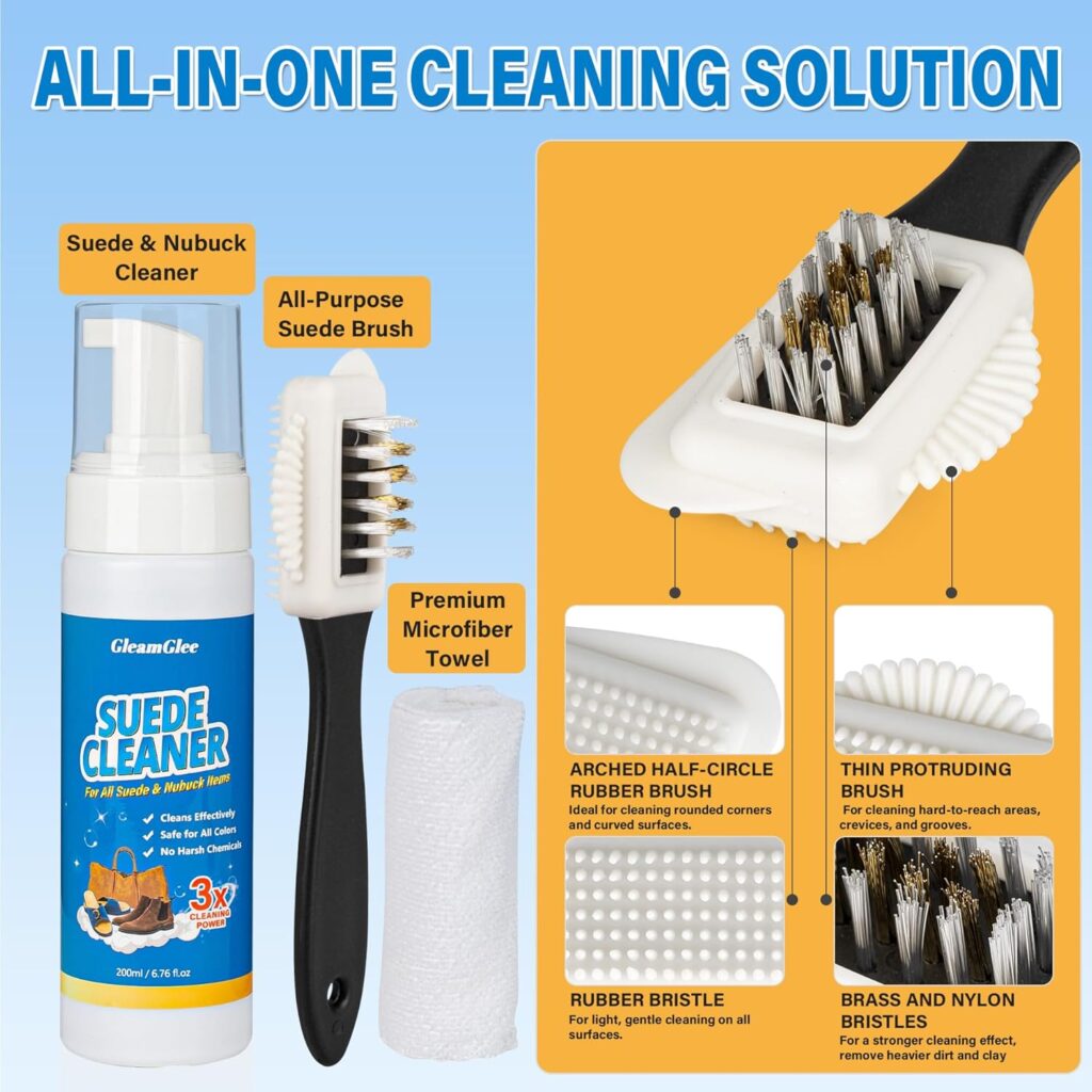 Suede Cleaner Kit – 6.76 Oz Suede Nubuck Shoe Cleaner with Brush Towel – Cleans Restores Shoes, Boots, Jackets, Bags, Purses More Suede Cleaner Kit – 6.76 Oz Suede Nubuck Shoe Cleaner with Brush Towel – Cleans Restores Shoes, Boots, Jackets, Bags, Purses More