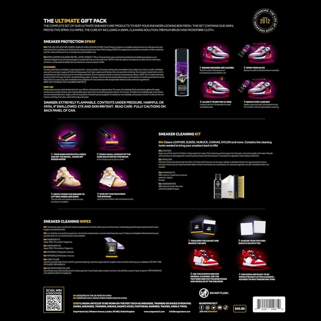 Crep Protect The Ultimate Shoe Care Bundle Gift Pack - Shoe Protector Spray - Sneaker Cleaner - Quick Cleaning Wipes - Premium Bush Microfiber Cloths Crep Protect The Ultimate Shoe Care Bundle Gift Pack - Shoe Protector Spray - Sneaker Cleaner - Quick Cleaning Wipes - Premium Bush Microfiber Cloths