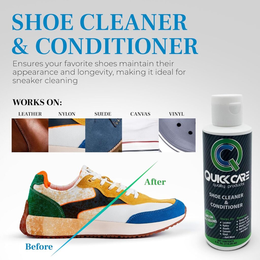 QuickCare Premium Shoe Cleaner with Conditioner, Brush Sponge, Ultimate Cleaning Shoes Kit for Sneakers, Leather, Suede, Canvas, Mesh, Shoe Care Set, Foam Touch-Up Solution, oz QuickCare Premium Shoe Cleaner with Conditioner, Brush Sponge, Ultimate Cleaning Shoes Kit for Sneakers, Leather, Suede, Canvas, Mesh, Shoe Care Set, Foam Touch-Up Solution, oz
