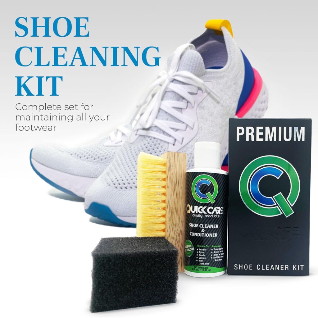 QuickCare Premium Shoe Cleaner with Conditioner, Brush Sponge, Ultimate Cleaning Shoes Kit for Sneakers, Leather, Suede, Canvas, Mesh, Shoe Care Set, Foam Touch-Up Solution, oz QuickCare Premium Shoe Cleaner with Conditioner, Brush Sponge, Ultimate Cleaning Shoes Kit for Sneakers, Leather, Suede, Canvas, Mesh, Shoe Care Set, Foam Touch-Up Solution, oz
