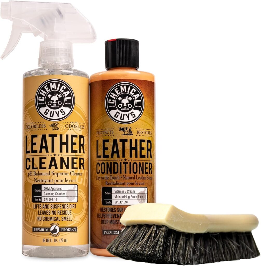 Chemical Guys Leather Cleaner and Conditioner Kit - Bottles (4 oz Each), Car Cleaner and Conditioner, Safely Cleans Conditions Leather Car Interiors, Furniture, Shoes, Boots, Bags, Apparel More Chemical Guys Leather Cleaner and Conditioner Kit - Bottles (4 oz Each), Car Cleaner and Conditioner, Safely Cleans Conditions Leather Car Interiors, Furniture, Shoes, Boots, Bags, Apparel More
