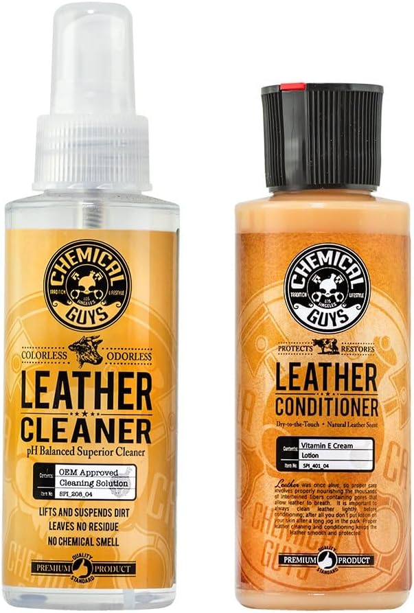 Chemical Guys Leather Cleaner and Conditioner Kit - Bottles (4 oz Each), Car Cleaner and Conditioner, Safely Cleans Conditions Leather Car Interiors, Furniture, Shoes, Boots, Bags, Apparel More Chemical Guys Leather Cleaner and Conditioner Kit - Bottles (4 oz Each), Car Cleaner and Conditioner, Safely Cleans Conditions Leather Car Interiors, Furniture, Shoes, Boots, Bags, Apparel More