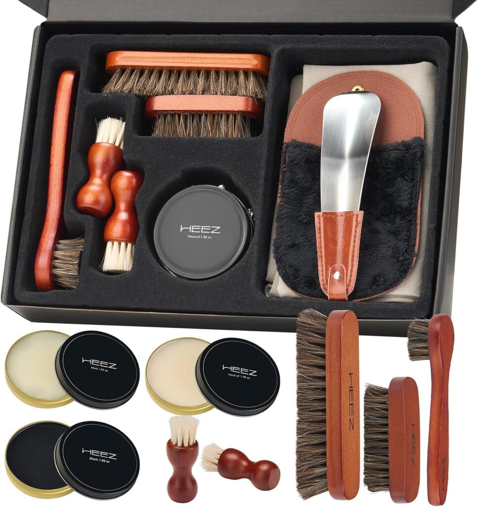 HEEZ PCS Shoe Polish Kit, Shoe Shine Kit, Leather Boot Care Set with Black/Neutral Shoe Polish, Horsehair Brushes, Gifts for Men HEEZ PCS Shoe Polish Kit, Shoe Shine Kit, Leather Boot Care Set with Black/Neutral Shoe Polish, Horsehair Brushes, Gifts for Men