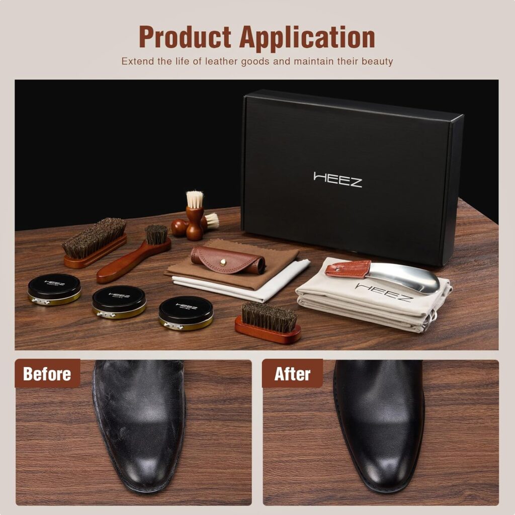 HEEZ PCS Shoe Polish Kit, Shoe Shine Kit, Leather Boot Care Set with Black/Neutral Shoe Polish, Horsehair Brushes, Gifts for Men HEEZ PCS Shoe Polish Kit, Shoe Shine Kit, Leather Boot Care Set with Black/Neutral Shoe Polish, Horsehair Brushes, Gifts for Men