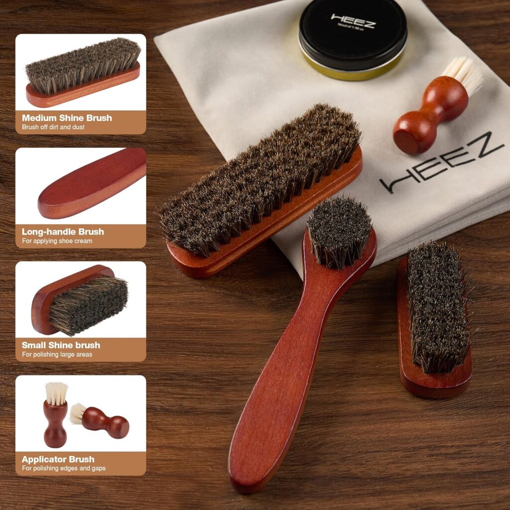 HEEZ PCS Shoe Polish Kit, Shoe Shine Kit, Leather Boot Care Set with Black/Neutral Shoe Polish, Horsehair Brushes, Gifts for Men HEEZ PCS Shoe Polish Kit, Shoe Shine Kit, Leather Boot Care Set with Black/Neutral Shoe Polish, Horsehair Brushes, Gifts for Men