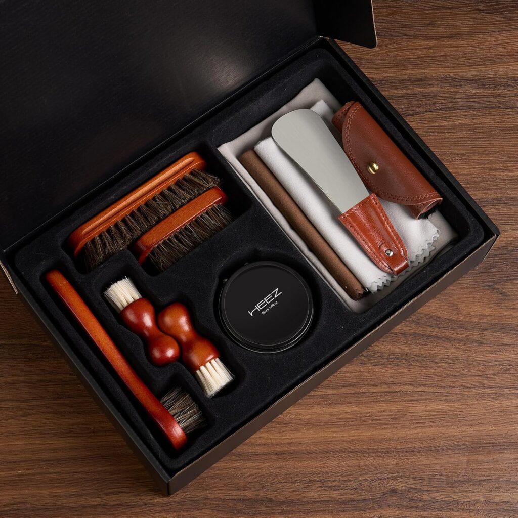 HEEZ PCS Shoe Polish Kit, Shoe Shine Kit, Leather Boot Care Set with Black/Neutral Shoe Polish, Horsehair Brushes, Gifts for Men HEEZ PCS Shoe Polish Kit, Shoe Shine Kit, Leather Boot Care Set with Black/Neutral Shoe Polish, Horsehair Brushes, Gifts for Men