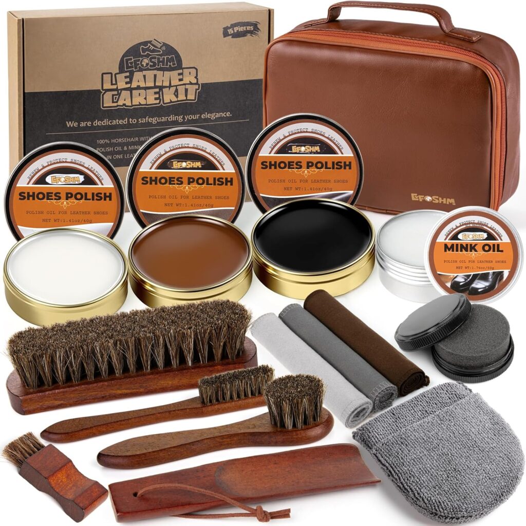 Shoe Shine Kit – 15-in-1 Leather Shoe Polish Care Set with Black Brown Neutral Shoe Polish, Mink Oil, Horsehair Brushes, Cloths Sponge Boot Cleaning Kit Father Day Mens Gifts Luxury Leather Case Shoe Shine Kit – 15-in-1 Leather Shoe Polish Care Set with Black Brown Neutral Shoe Polish, Mink Oil, Horsehair Brushes, Cloths Sponge Boot Cleaning Kit Father Day Mens Gifts Luxury Leather Case