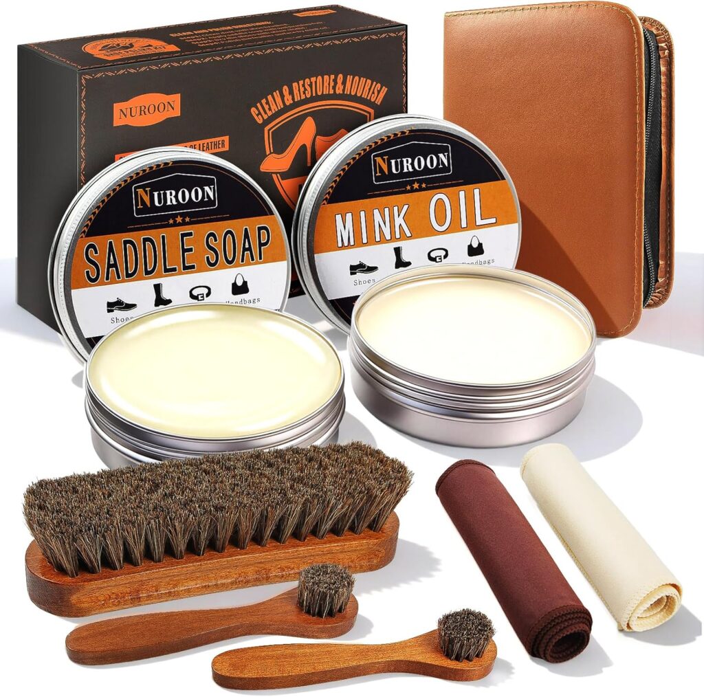 Nuroon Pieces Leather Boots Shoes Cleaning Kit, 3.5oz Saddle Soap for Leather Cleaning, 3.5oz Mink Oil for Boots Polishing, Horsehair Shoe Brushes, Shoe Polish Cloths Nuroon Pieces Leather Boots Shoes Cleaning Kit, 3.5oz Saddle Soap for Leather Cleaning, 3.5oz Mink Oil for Boots Polishing, Horsehair Shoe Brushes, Shoe Polish Cloths
