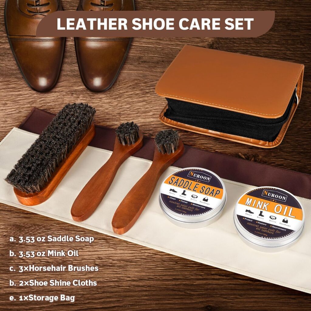 Nuroon Pieces Leather Boots Shoes Cleaning Kit, 3.5oz Saddle Soap for Leather Cleaning, 3.5oz Mink Oil for Boots Polishing, Horsehair Shoe Brushes, Shoe Polish Cloths Nuroon Pieces Leather Boots Shoes Cleaning Kit, 3.5oz Saddle Soap for Leather Cleaning, 3.5oz Mink Oil for Boots Polishing, Horsehair Shoe Brushes, Shoe Polish Cloths
